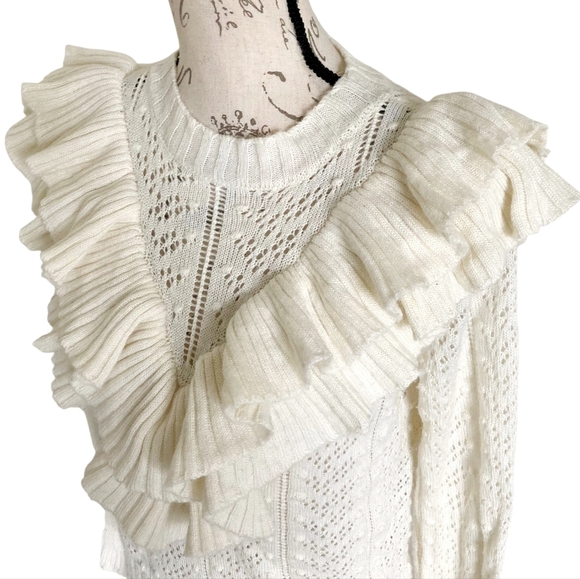 Tularosa Wool Ruffle sweater S white Pointelle Fairy Cottage Coquette Dainty - Picture 11 of 16